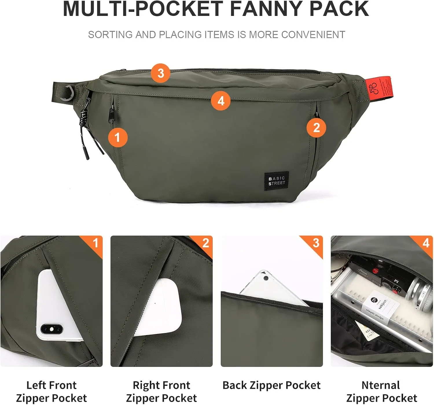 Large Crossbody Fanny Pack for Women Men,Waterproof Waist Bag Pack with Adjustable Strap & 5-Zipper Pockets,Green