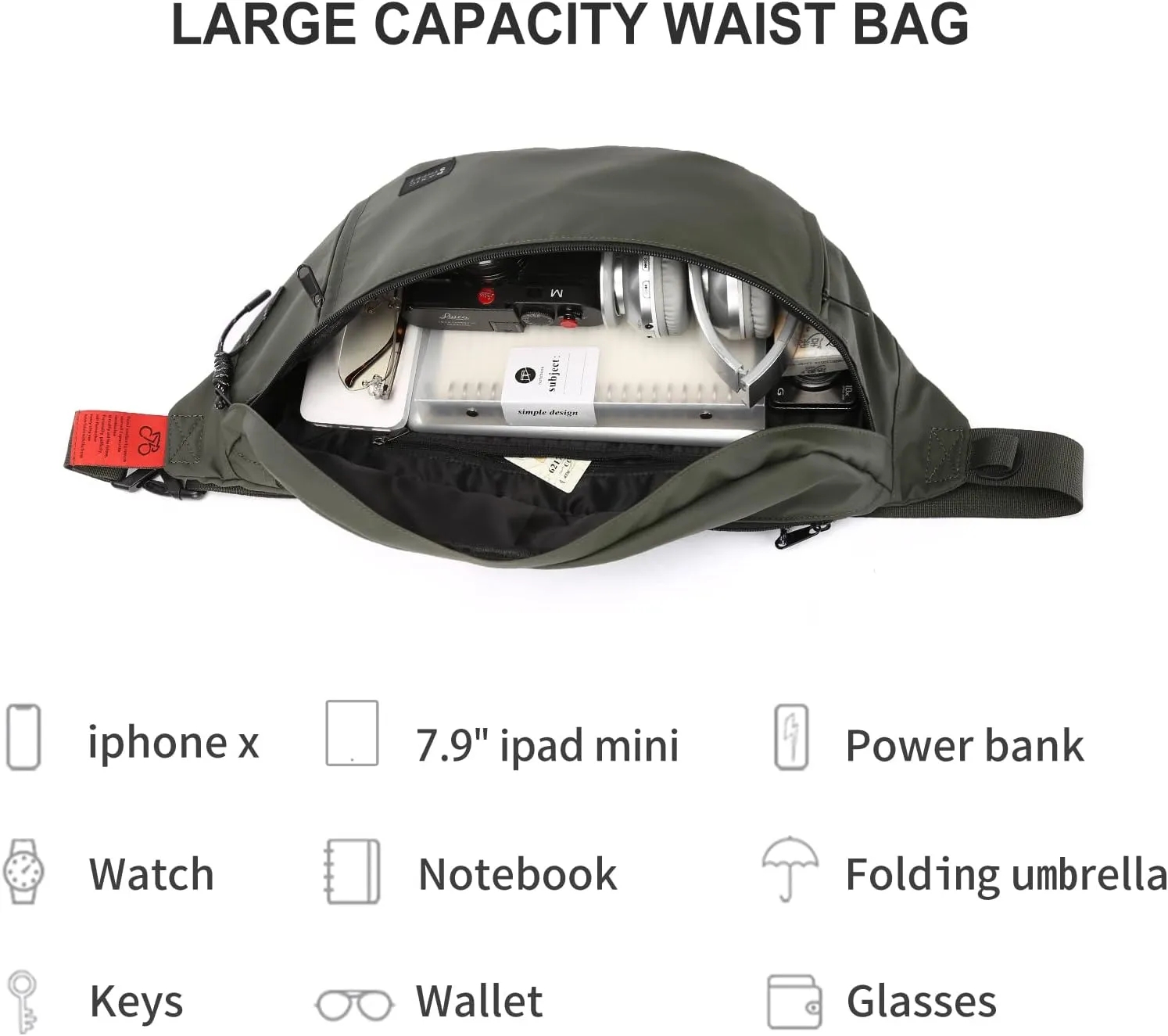 Large Crossbody Fanny Pack for Women Men,Waterproof Waist Bag Pack with Adjustable Strap & 5-Zipper Pockets,Green