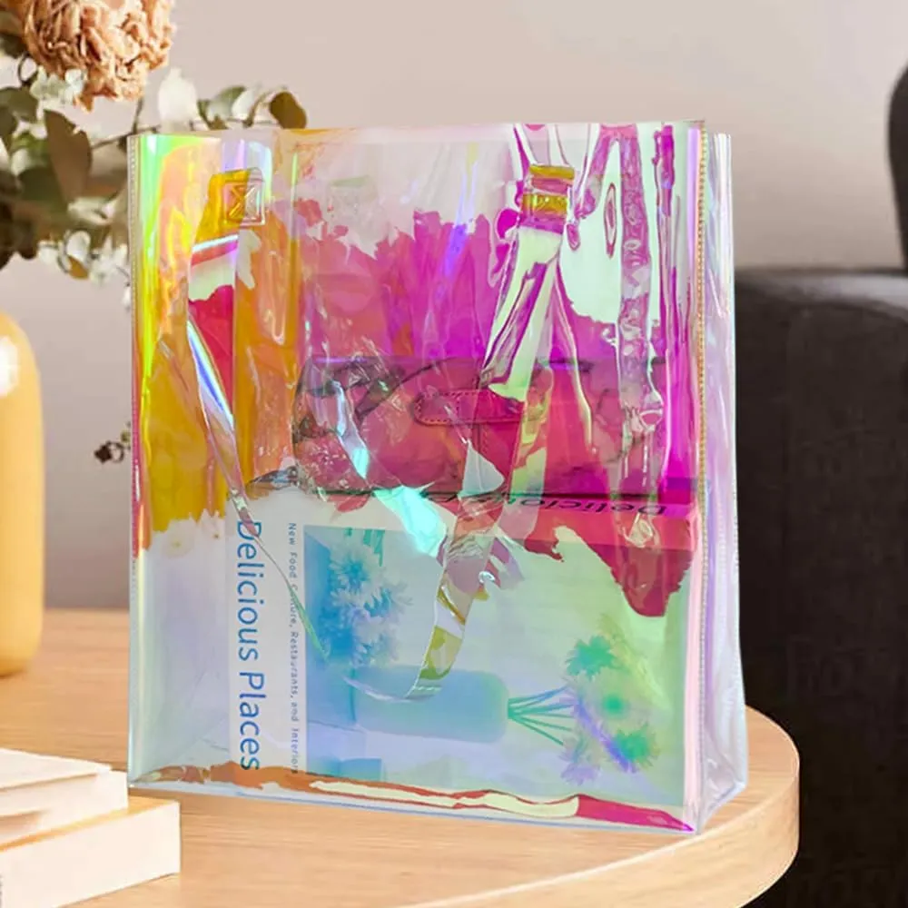 Large Purple Holographic Tote Shopping Bag Waterproof Sandproof Iridescent Beach Totes Bags with Handle for Women