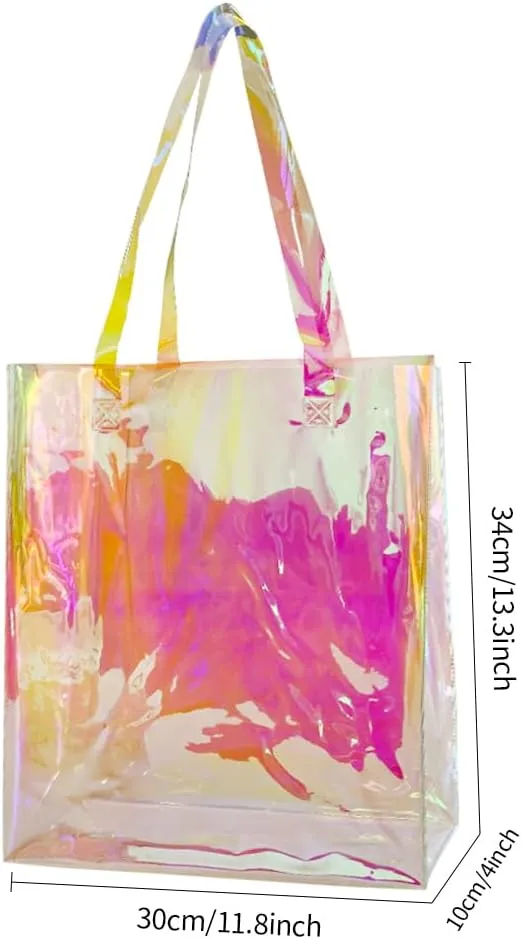 Large Purple Holographic Tote Shopping Bag Waterproof Sandproof Iridescent Beach Totes Bags with Handle for Women