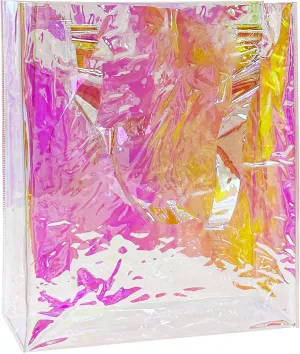Large Purple Holographic Tote Shopping Bag Waterproof Sandproof Iridescent Beach Totes Bags with Handle for Women