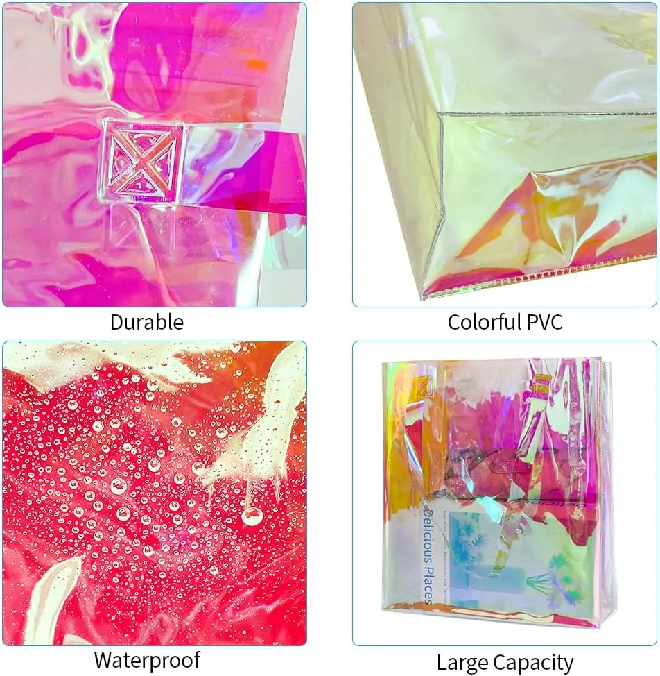 Large Purple Holographic Tote Shopping Bag Waterproof Sandproof Iridescent Beach Totes Bags with Handle for Women