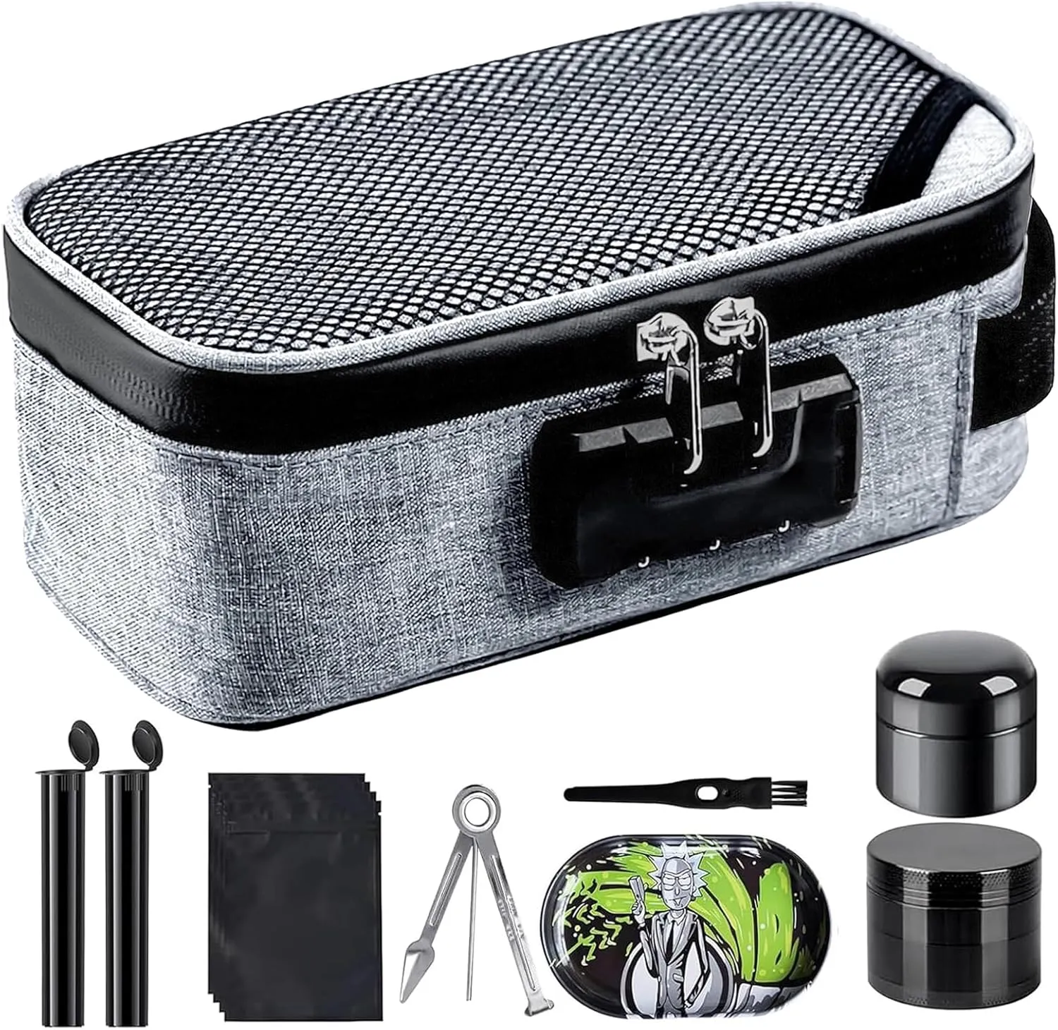 Large Smell Proof Stash Bags with Complete 11 Accessories, Carbon Lined Smell Proof Box Case with Combination Lock, Portable Smell Proof Containers Pouch For Tobacco Products, grey