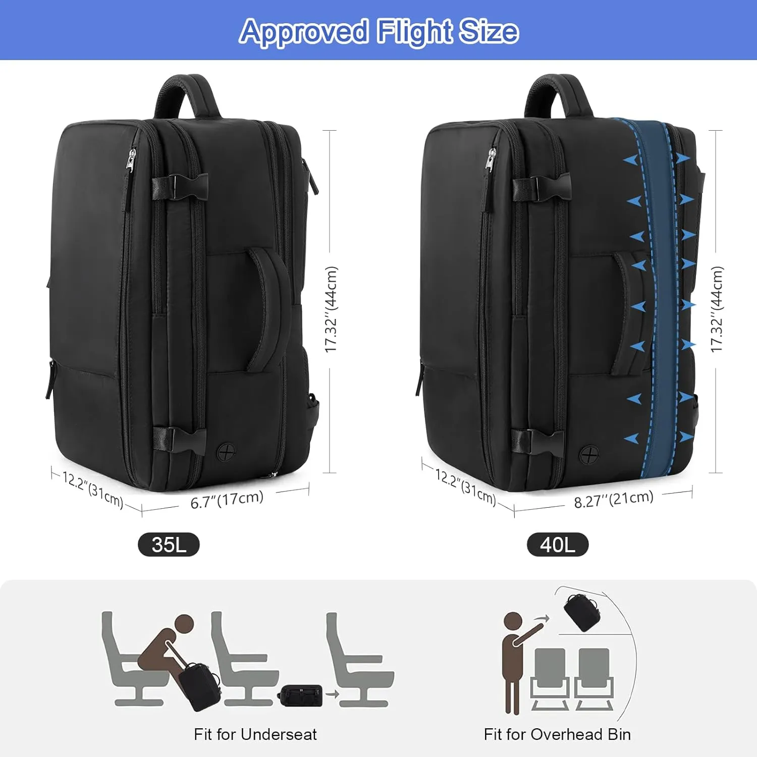 Large Travel Backpack for Women Men, Expandable 40L Carry On Backpack, 17 Inch Laptop Backpack College Bookbag, Waterproof Travel bag as Person Item Flight Approved