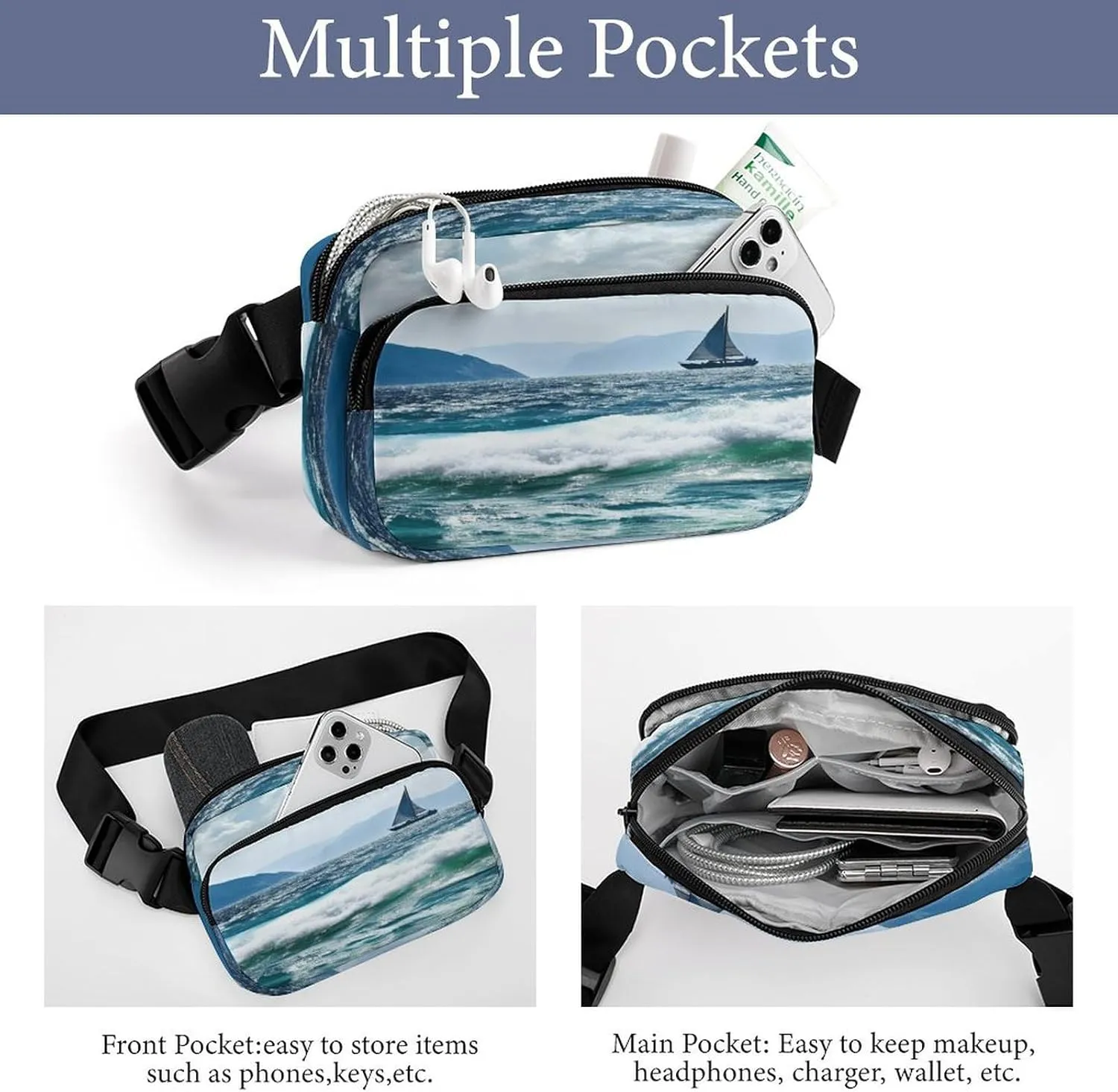 Large Waist Packs with Adjustable Strap,Beautiful Sea CrossBody Fanny Pack Casual Bag for Travel Sports Running Hiking