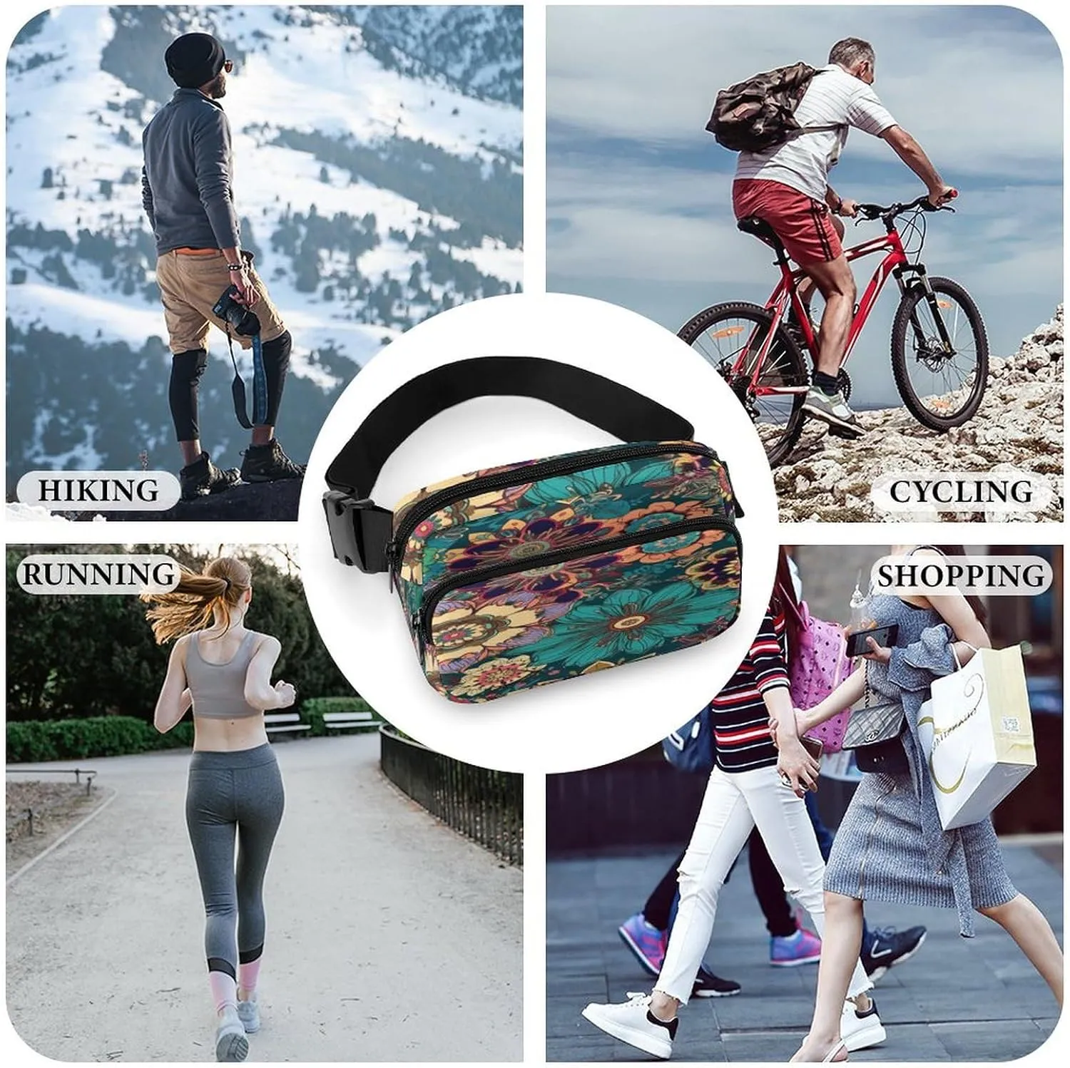 Large Waist Packs with Adjustable Strap,Bohemian Flower CrossBody Fanny Pack Casual Bag for Travel Sports Running Hiking