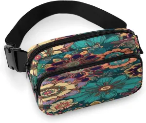 Large Waist Packs with Adjustable Strap,Bohemian Flower CrossBody Fanny Pack Casual Bag for Travel Sports Running Hiking