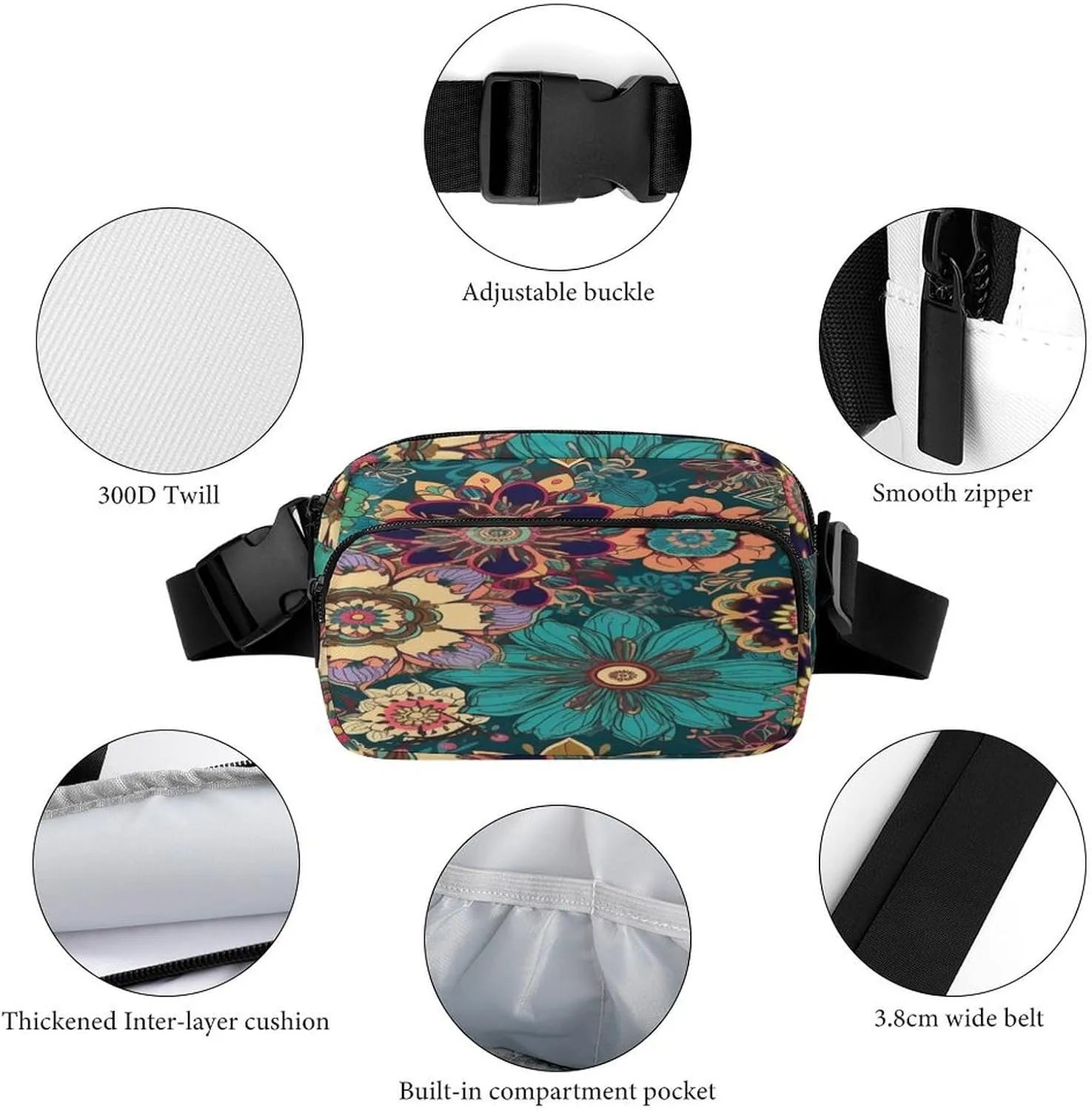 Large Waist Packs with Adjustable Strap,Bohemian Flower CrossBody Fanny Pack Casual Bag for Travel Sports Running Hiking