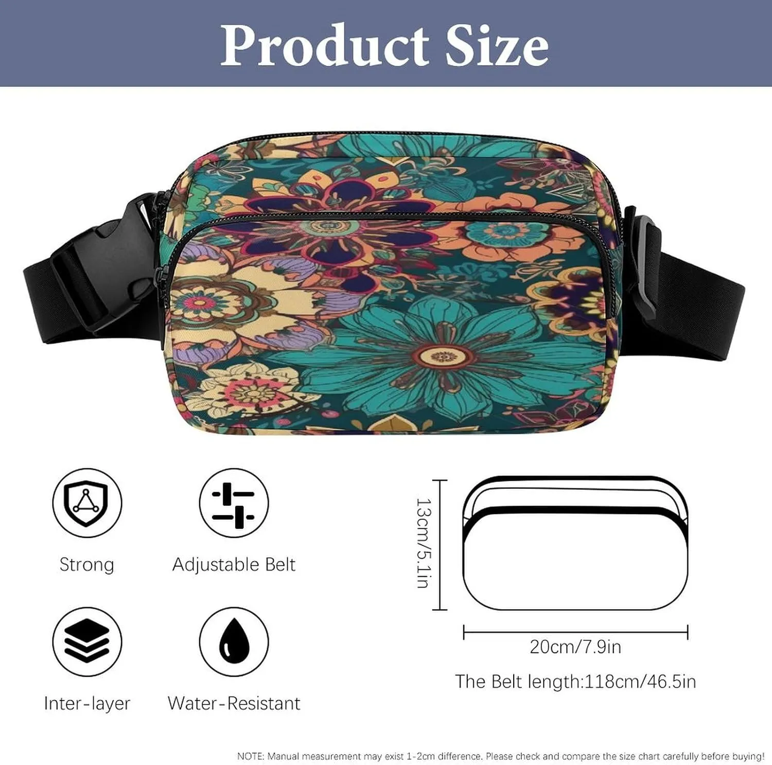 Large Waist Packs with Adjustable Strap,Bohemian Flower CrossBody Fanny Pack Casual Bag for Travel Sports Running Hiking