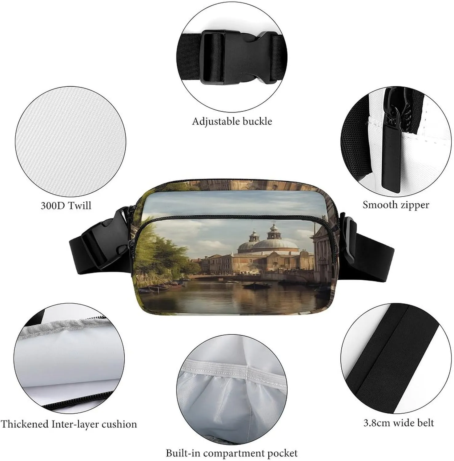 Large Waist Packs with Adjustable Strap,Canal And Church CrossBody Fanny Pack Casual Bag for Travel Sports Running Hiking