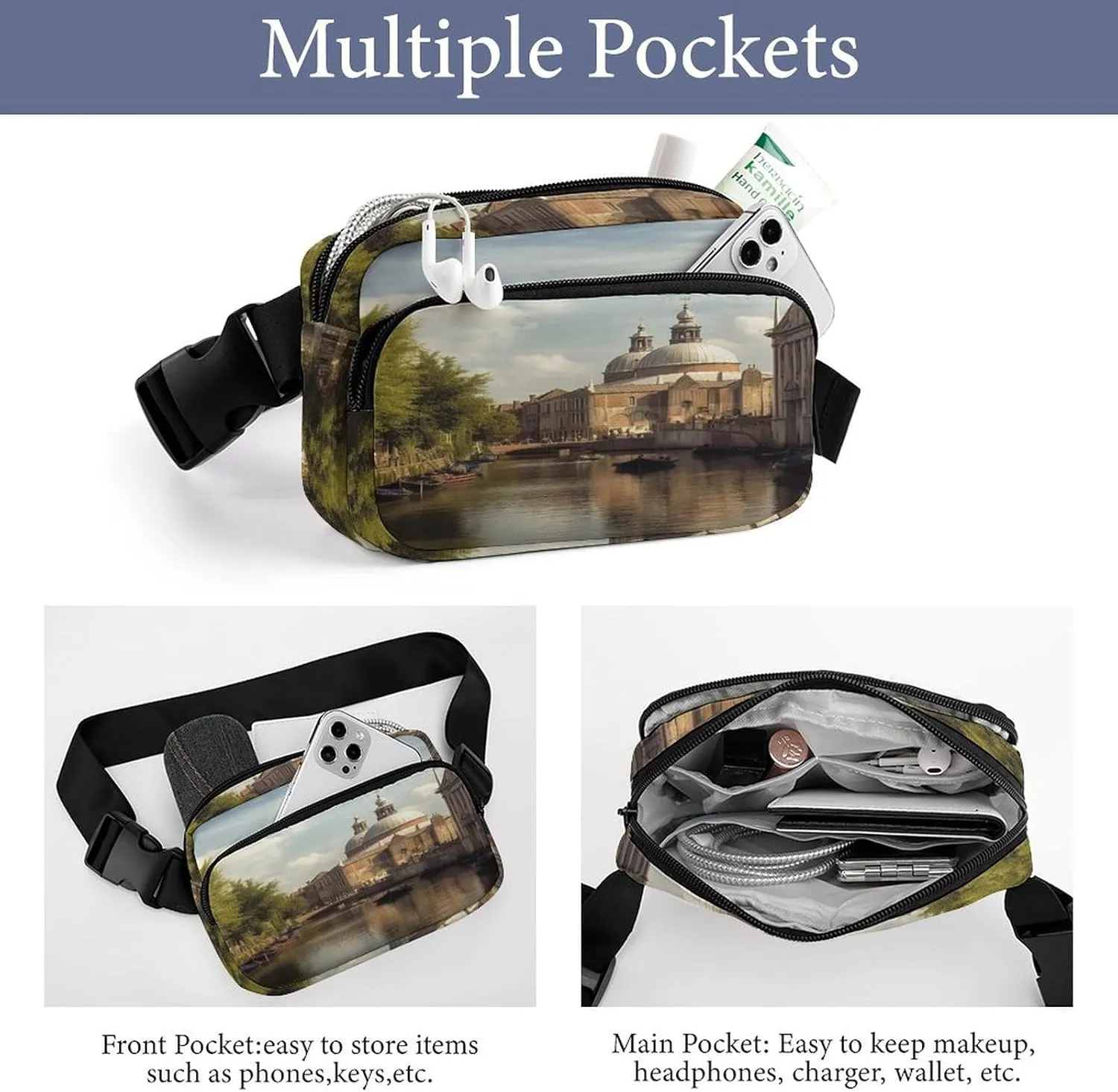 Large Waist Packs with Adjustable Strap,Canal And Church CrossBody Fanny Pack Casual Bag for Travel Sports Running Hiking