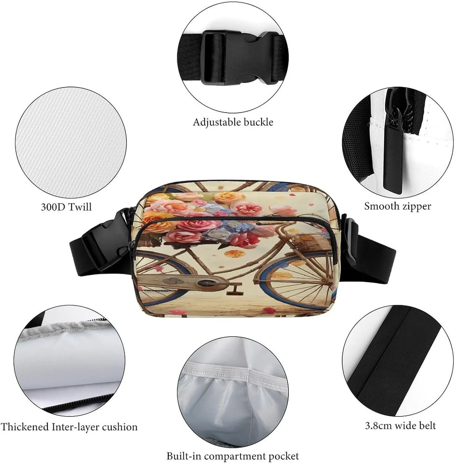 Large Waist Packs with Adjustable Strap,Flower Bicycle CrossBody Fanny Pack Casual Bag for Travel Sports Running Hiking