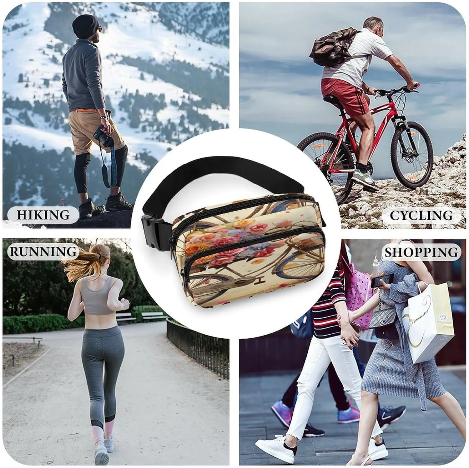 Large Waist Packs with Adjustable Strap,Flower Bicycle CrossBody Fanny Pack Casual Bag for Travel Sports Running Hiking
