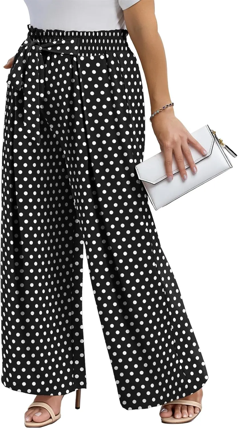 Lastshe Women's Plus Size Pants Wide Leg Work Casual Palazzo Pants Elastic High Waisted Dressy Trousers with Pockets