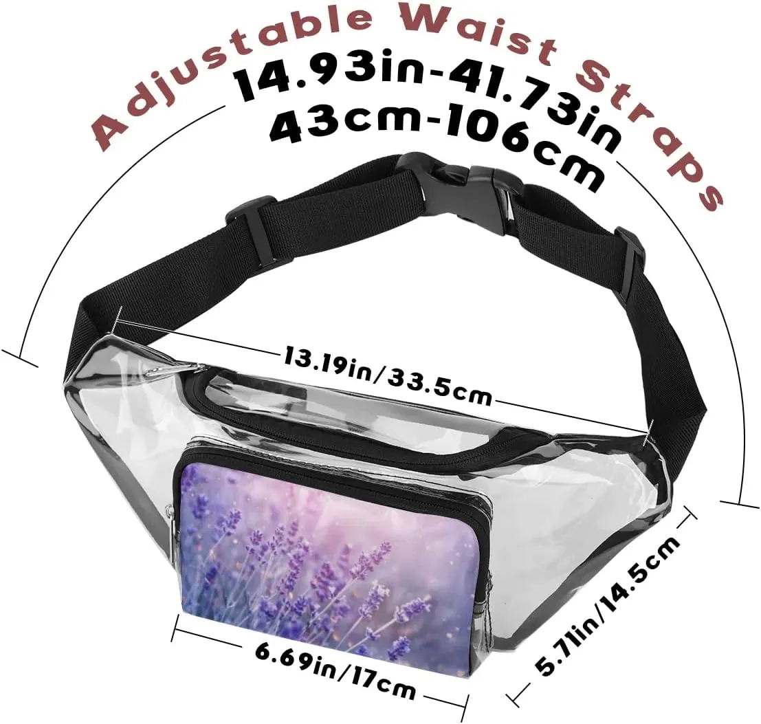 Lavender Flowers Clear Fanny Pack Stadium Approved Clear Crossbody Belt Bag for Women Men Transparent Waist Bag with Adjustable Strap for Concerts Sports Events Travel