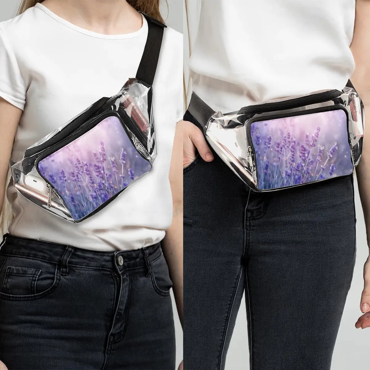 Lavender Flowers Clear Fanny Pack Stadium Approved Clear Crossbody Belt Bag for Women Men Transparent Waist Bag with Adjustable Strap for Concerts Sports Events Travel