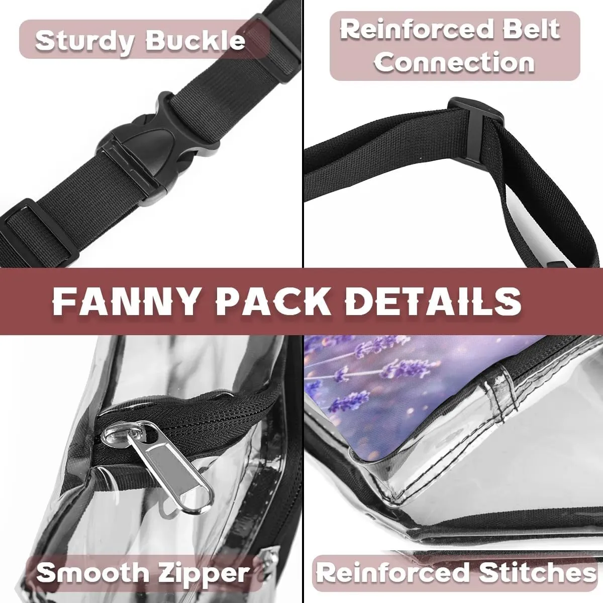 Lavender Flowers Clear Fanny Pack Stadium Approved Clear Crossbody Belt Bag for Women Men Transparent Waist Bag with Adjustable Strap for Concerts Sports Events Travel