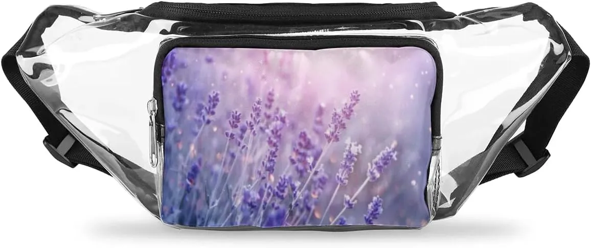 Lavender Flowers Clear Fanny Pack Stadium Approved Clear Crossbody Belt Bag for Women Men Transparent Waist Bag with Adjustable Strap for Concerts Sports Events Travel
