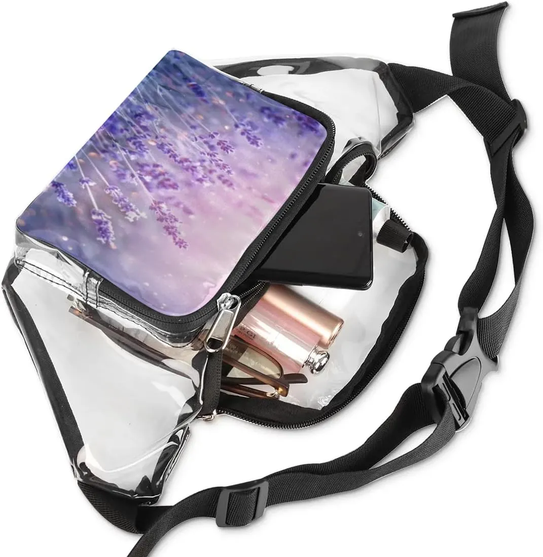 Lavender Flowers Clear Fanny Pack Stadium Approved Clear Crossbody Belt Bag for Women Men Transparent Waist Bag with Adjustable Strap for Concerts Sports Events Travel