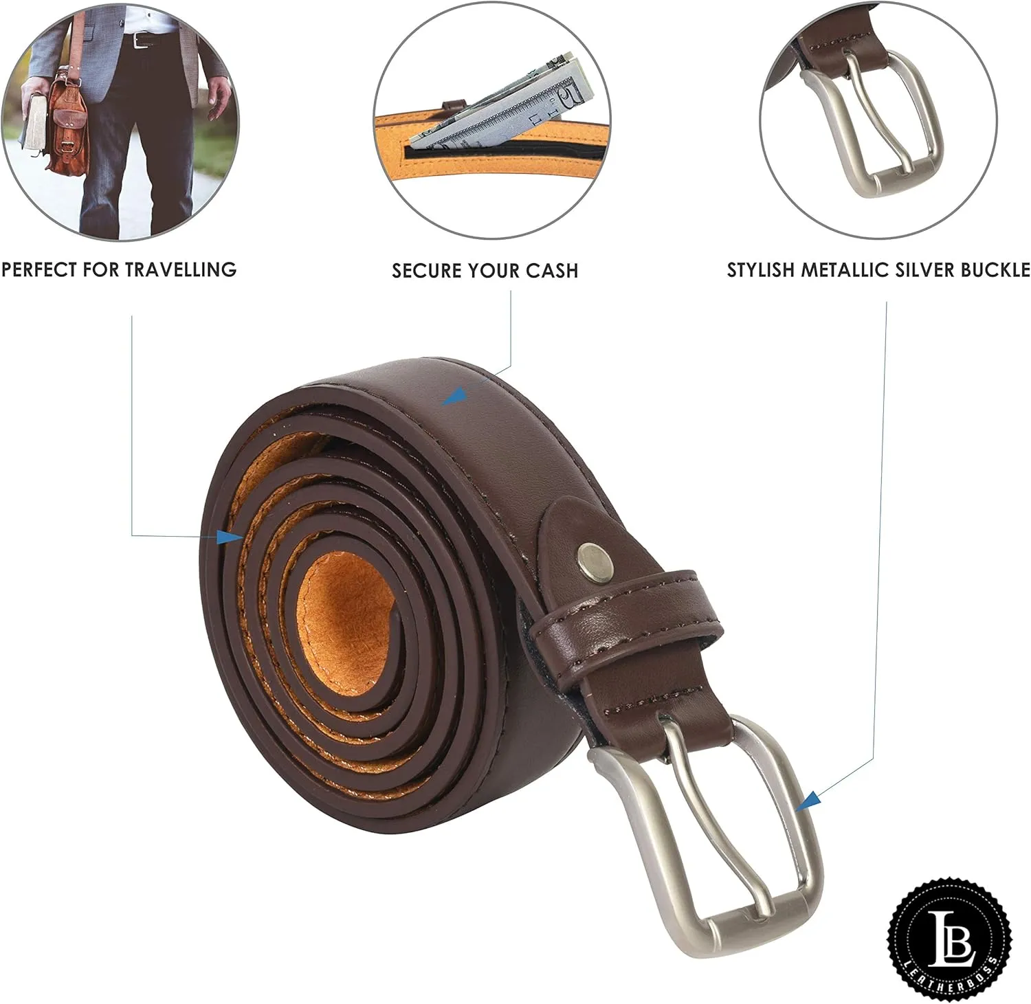 LB LEATHERBOSS Men's Brown Leather Money Belt Sizes 32 Through 56