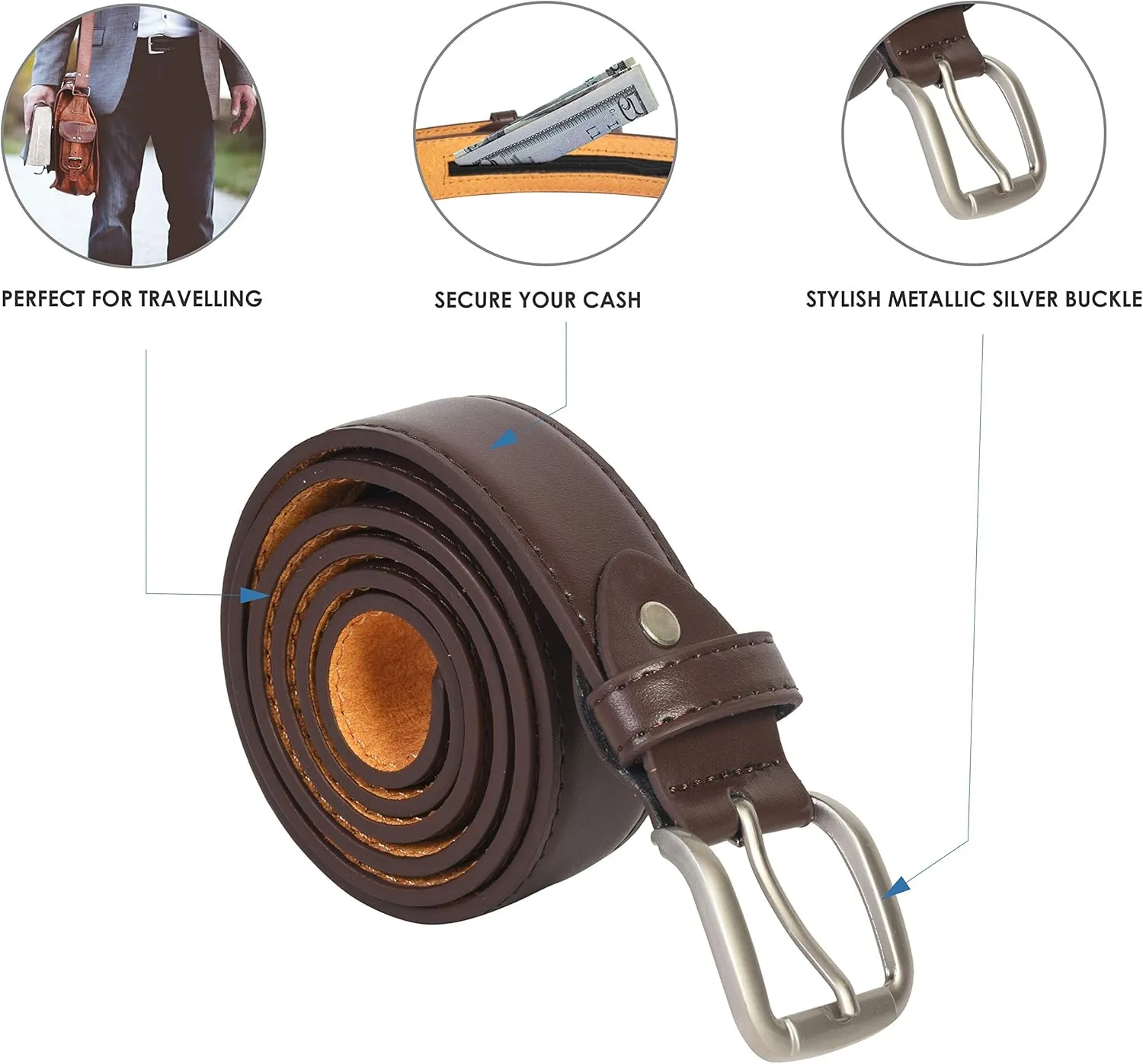 LB LEATHERBOSS Men's Brown Leather Money Belt Sizes 32 Through 56