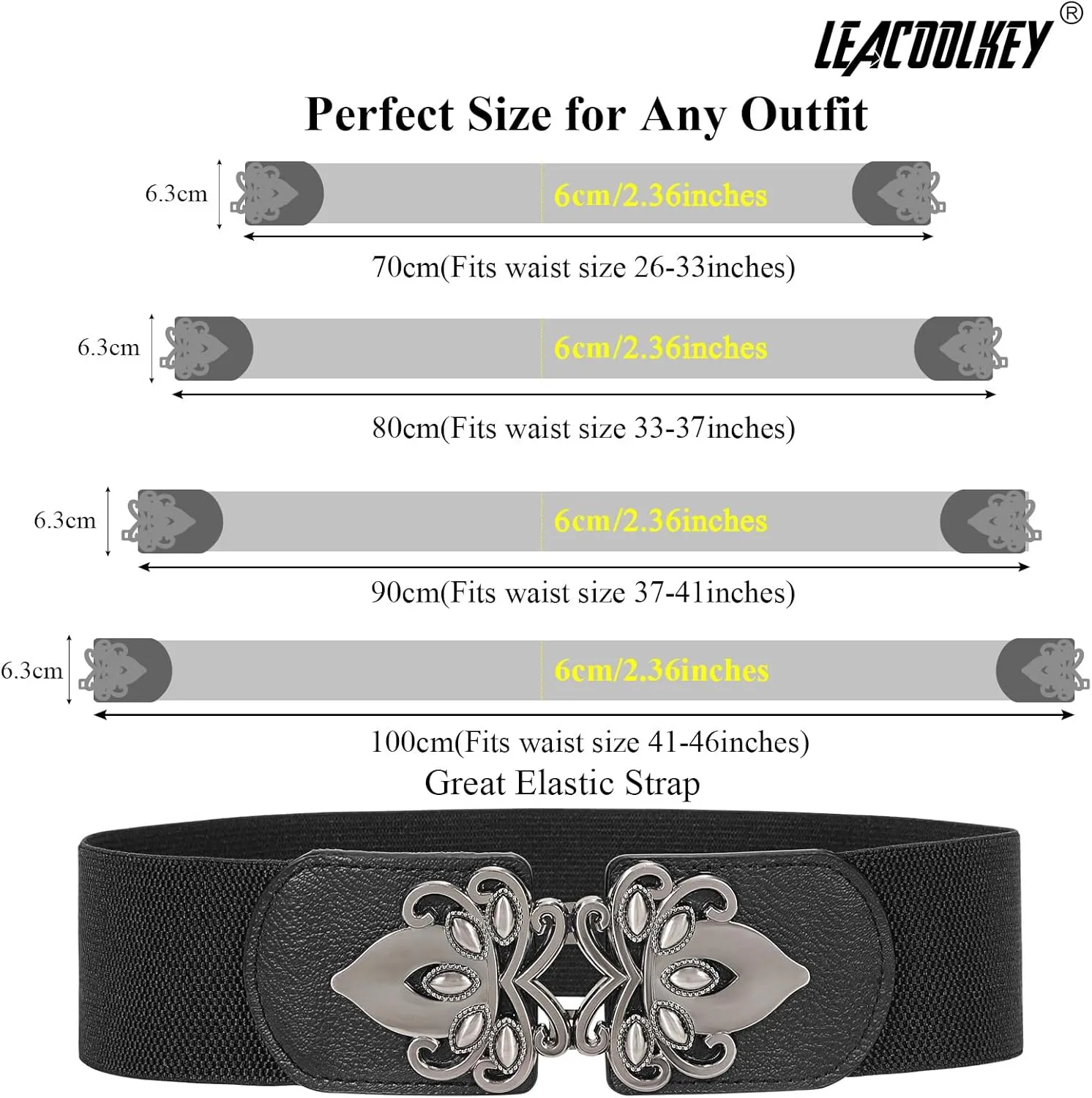 LEACOOLKEY 4 Pack Women Wide Elastic Waist Belt for Dress Vintage Stretch Cinch Belt Retro Buckle 2.36" Width