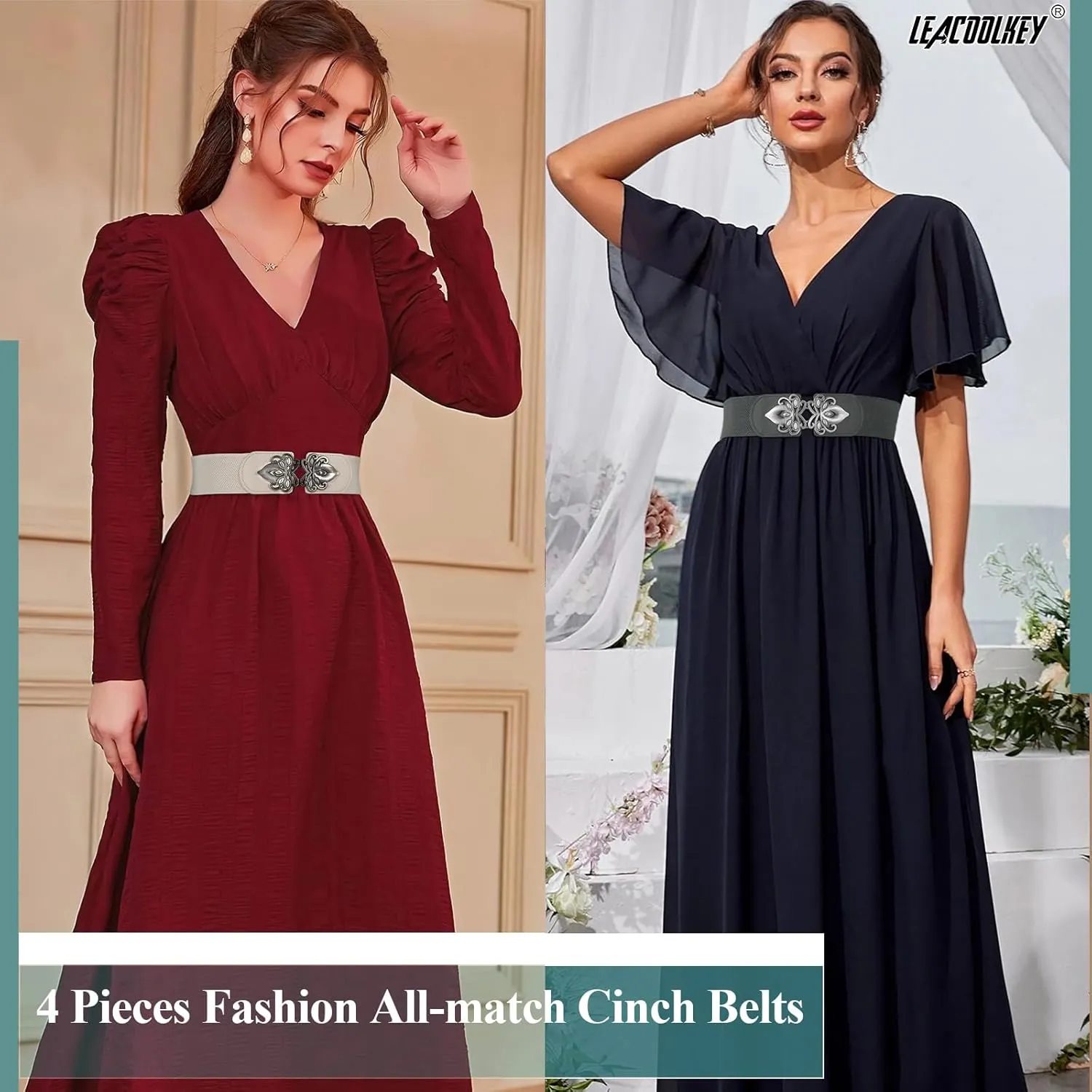LEACOOLKEY 4 Pack Women Wide Elastic Waist Belt for Dress Vintage Stretch Cinch Belt Retro Buckle 2.36" Width