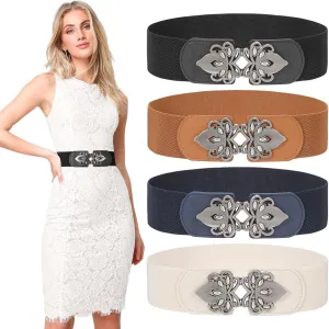 LEACOOLKEY 4 Pack Women Wide Elastic Waist Belt for Dress Vintage Stretch Cinch Belt Retro Buckle 2.36" Width