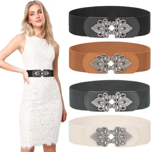 LEACOOLKEY 4 Pack Women Wide Elastic Waist Belt for Dress Vintage Stretch Cinch Belt Retro Buckle 2.36" Width