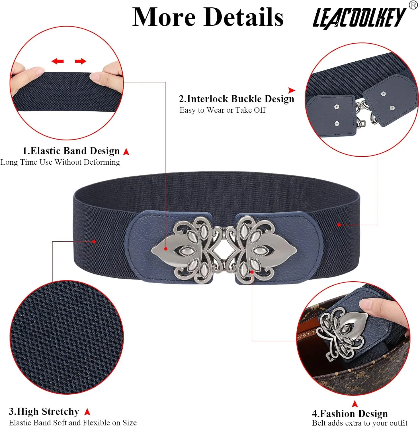LEACOOLKEY 4 Pack Women Wide Elastic Waist Belt for Dress Vintage Stretch Cinch Belt Retro Buckle 2.36" Width