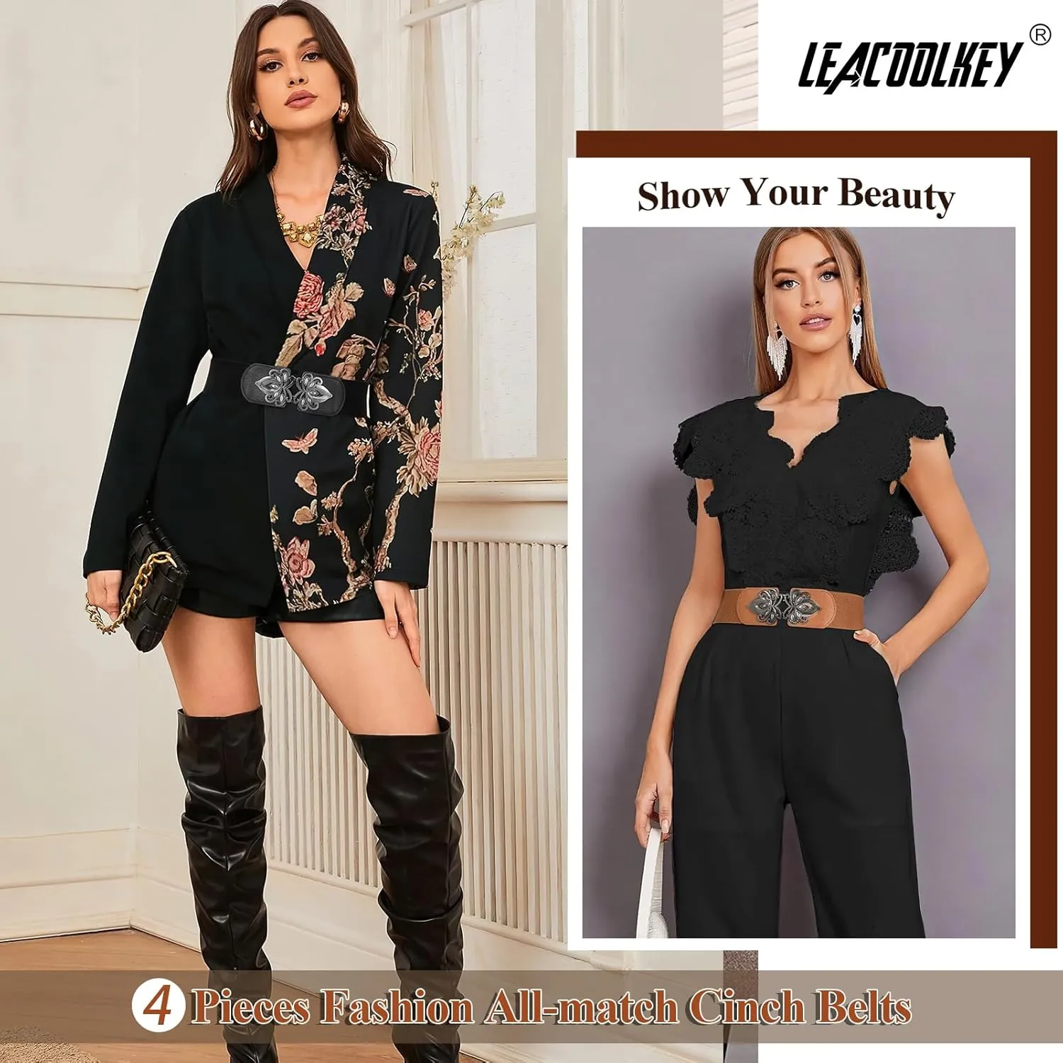 LEACOOLKEY 4 Pack Women Wide Elastic Waist Belt for Dress Vintage Stretch Cinch Belt Retro Buckle 2.36" Width