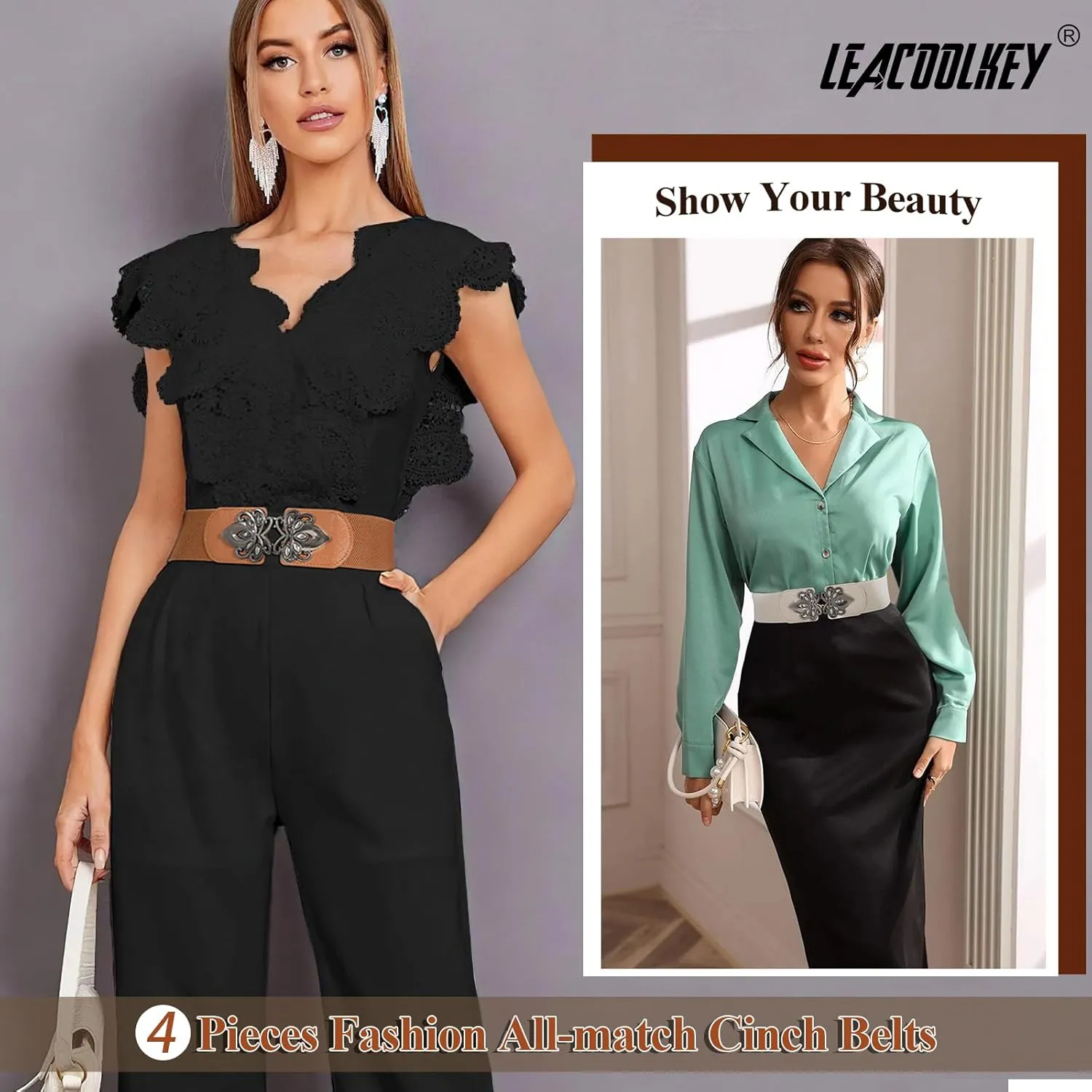 LEACOOLKEY 4 Pack Women Wide Elastic Waist Belt for Dress Vintage Stretch Cinch Belt Retro Buckle 2.36" Width