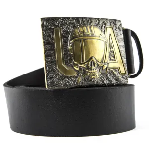 Leather belt with Aviator handmade brass belt buckle, The Ghost of Kyiv, Air pilot buckle, Skull in flight helmet belt buckle on casual belt