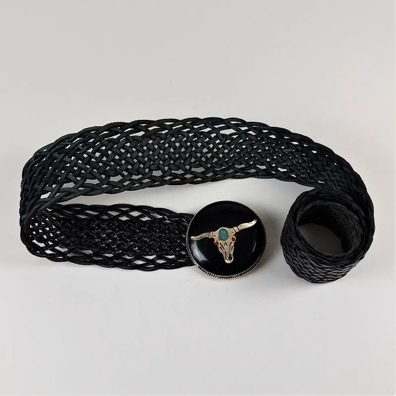 Leather Boho belt with skull - black