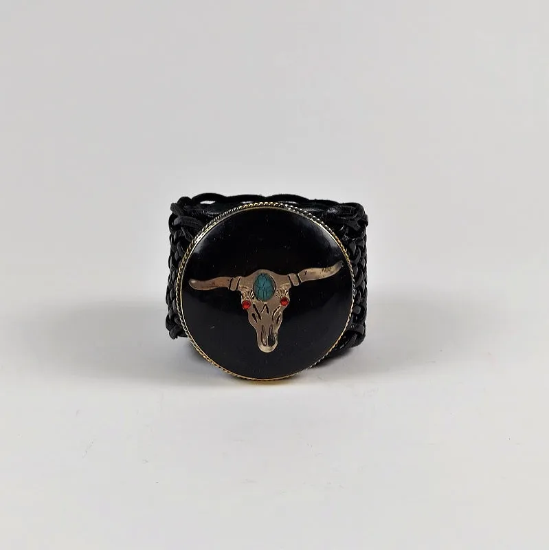 Leather Boho belt with skull - black