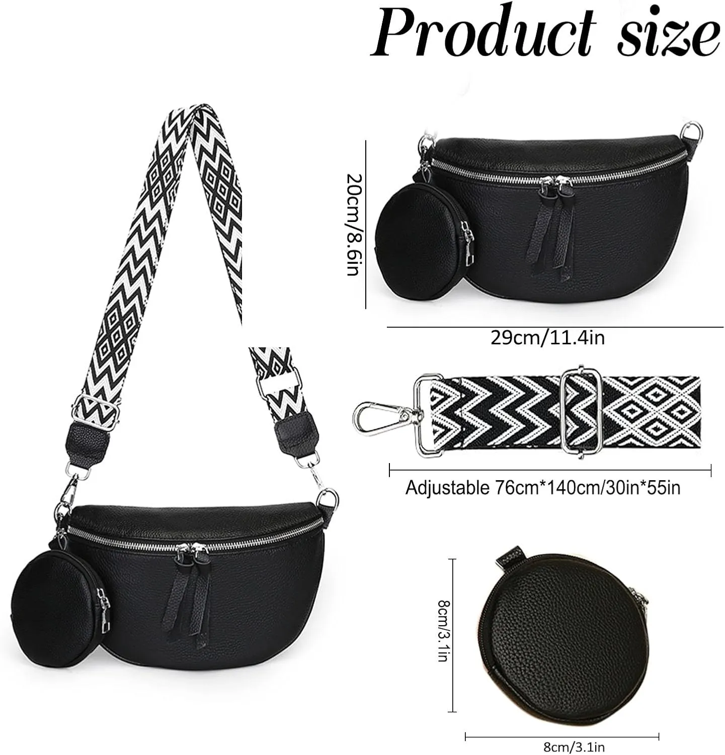 Leather Fanny Pack Crossbody Bags - Fashion Sling Purse Causal Chest Belt Bum Bag Cross Body Purse for Women Travel Sport Camping (Black)