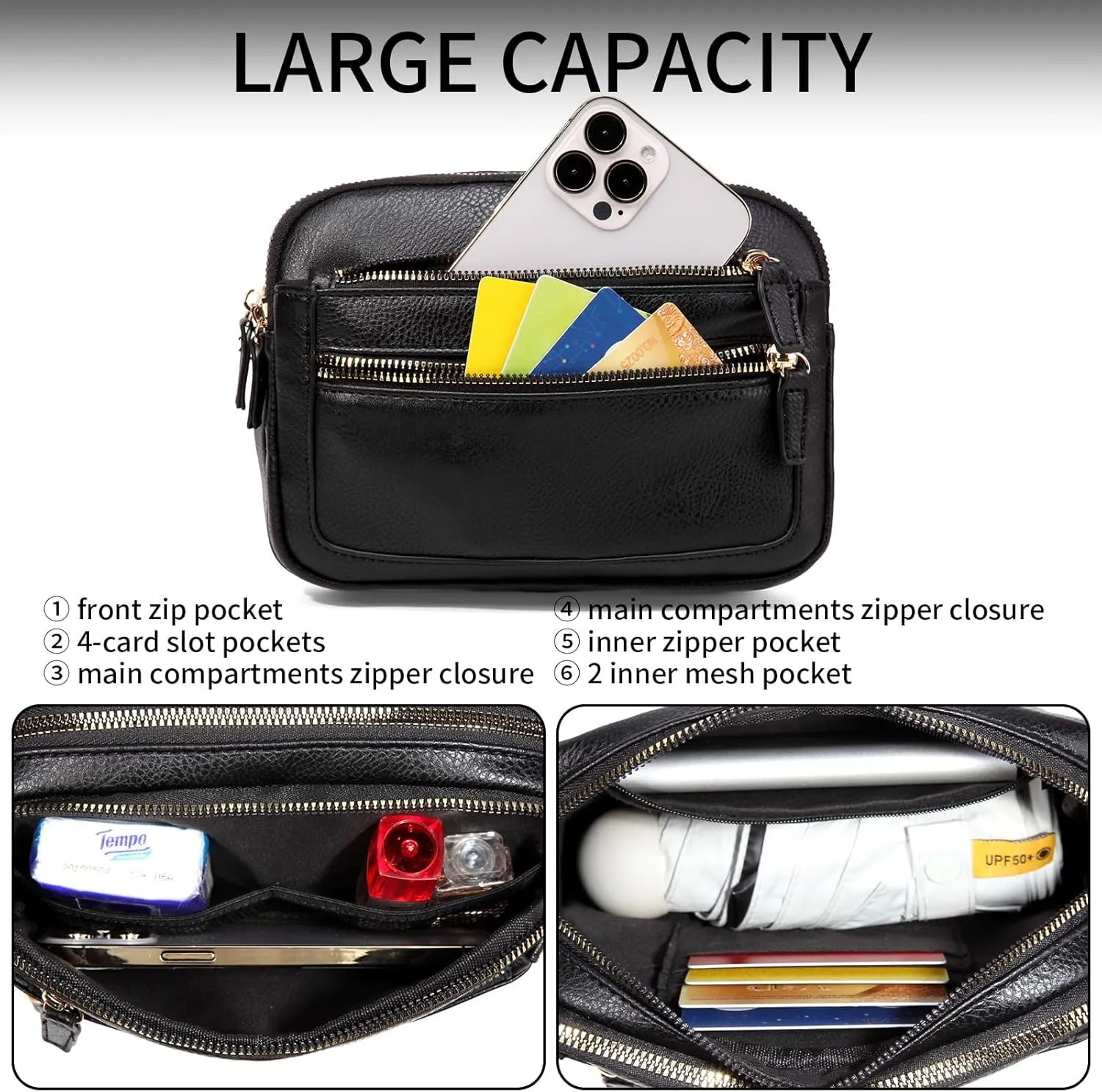 Leather Fanny Pack for Women Men Belt Bag with Multi-function Pocket, Crossbody Fanny Packs for Women Fashion Waist Packs with Adjustable Straps Cross Body Bag Travel Chest Bag