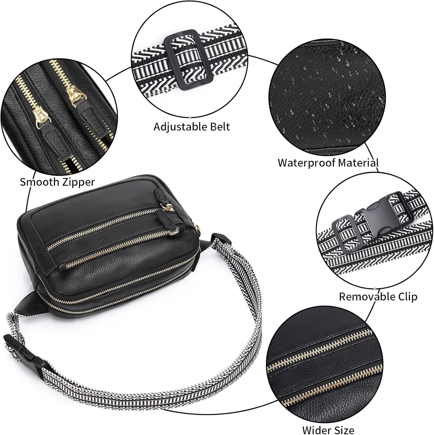 Leather Fanny Pack for Women Men Belt Bag with Multi-function Pocket, Crossbody Fanny Packs for Women Fashion Waist Packs with Adjustable Straps Cross Body Bag Travel Chest Bag