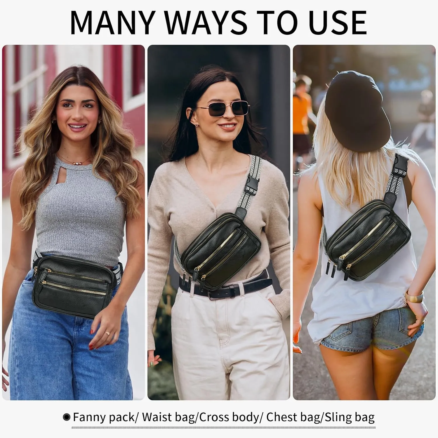 Leather Fanny Pack for Women Men Belt Bag with Multi-function Pocket, Crossbody Fanny Packs for Women Fashion Waist Packs with Adjustable Straps Cross Body Bag Travel Chest Bag