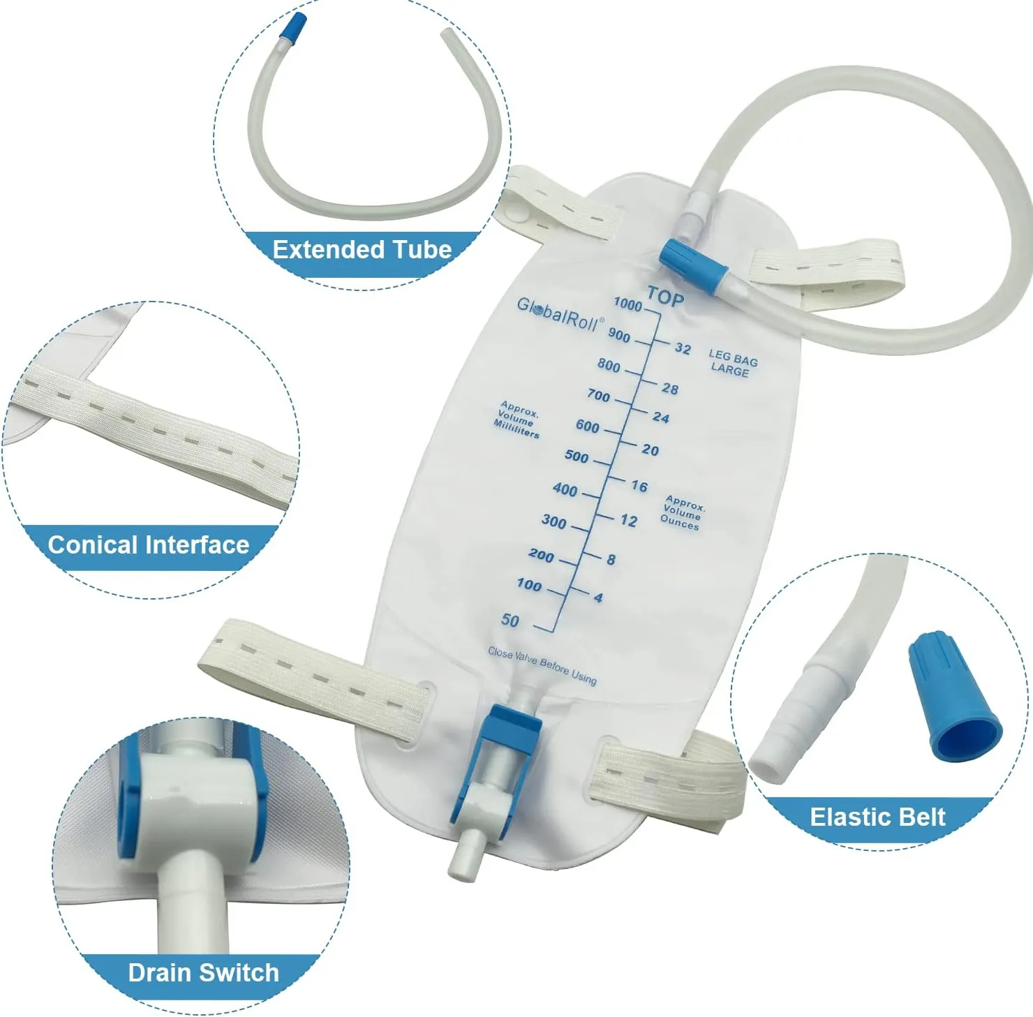 Leg Urinary Drainage Bag, Urine Leg Bag with 1000 mL Volume, 2 Adjustable Elastic Bands, Professional Urinary Bag for Home and Hospitals Health Aids, 5 Pack