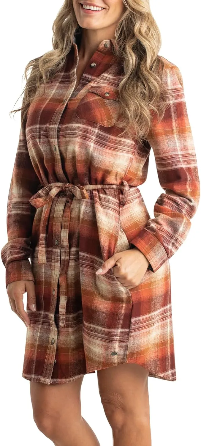 Legendary Whitetails Women's Open Spaces Dress, Plaid Flannel Long Sleeve Button Up Tunic with Belt