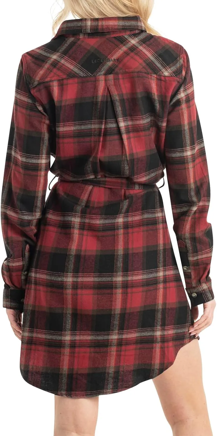 Legendary Whitetails Women's Open Spaces Dress, Plaid Flannel Long Sleeve Button Up Tunic with Belt