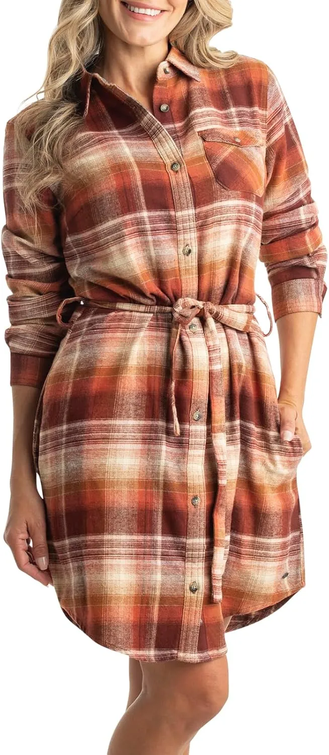 Legendary Whitetails Women's Open Spaces Dress, Plaid Flannel Long Sleeve Button Up Tunic with Belt