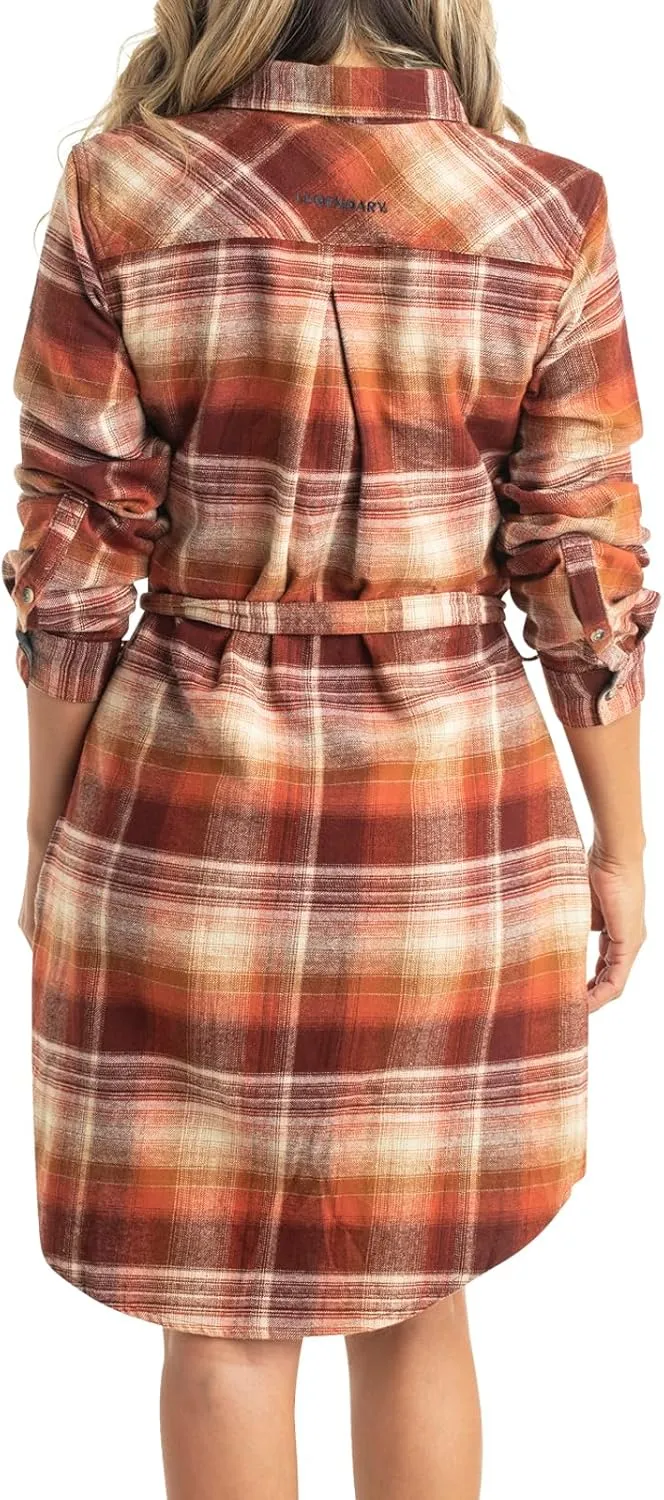 Legendary Whitetails Women's Open Spaces Dress, Plaid Flannel Long Sleeve Button Up Tunic with Belt