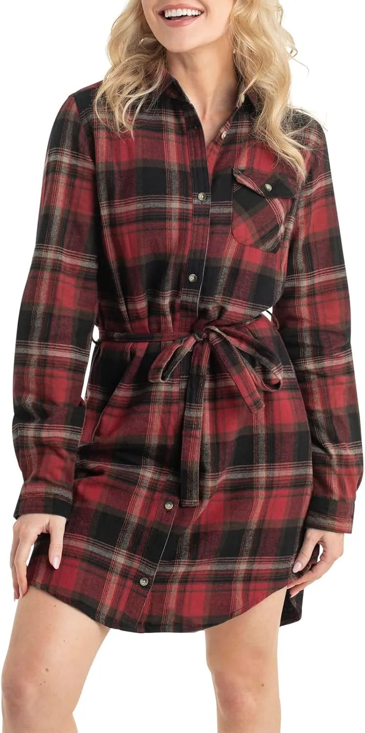 Legendary Whitetails Women's Open Spaces Dress, Plaid Flannel Long Sleeve Button Up Tunic with Belt