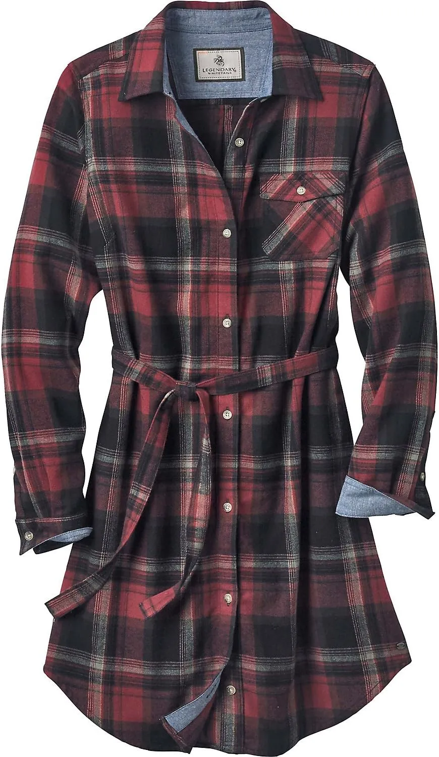 Legendary Whitetails Women's Open Spaces Dress, Plaid Flannel Long Sleeve Button Up Tunic with Belt