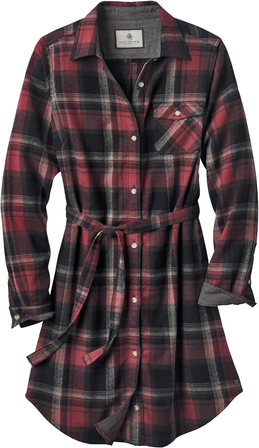 Legendary Whitetails Women's Open Spaces Dress, Plaid Flannel Long Sleeve Button Up Tunic with Belt