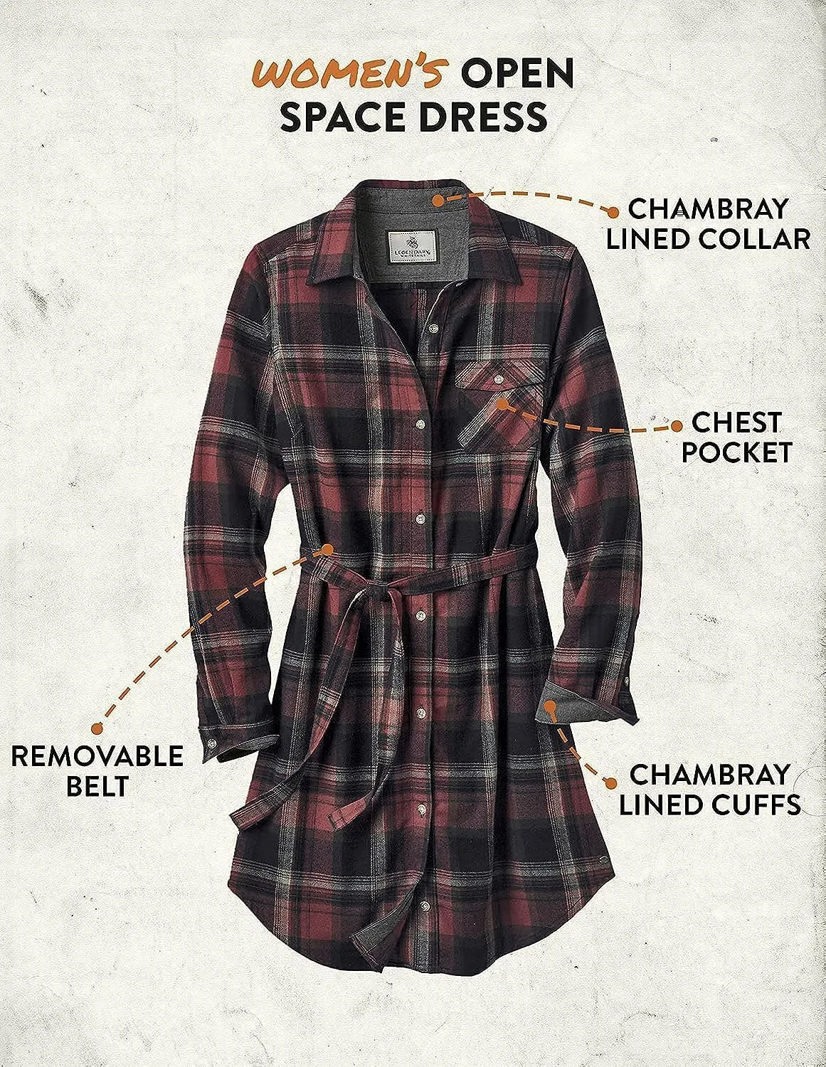 Legendary Whitetails Women's Open Spaces Dress, Plaid Flannel Long Sleeve Button Up Tunic with Belt