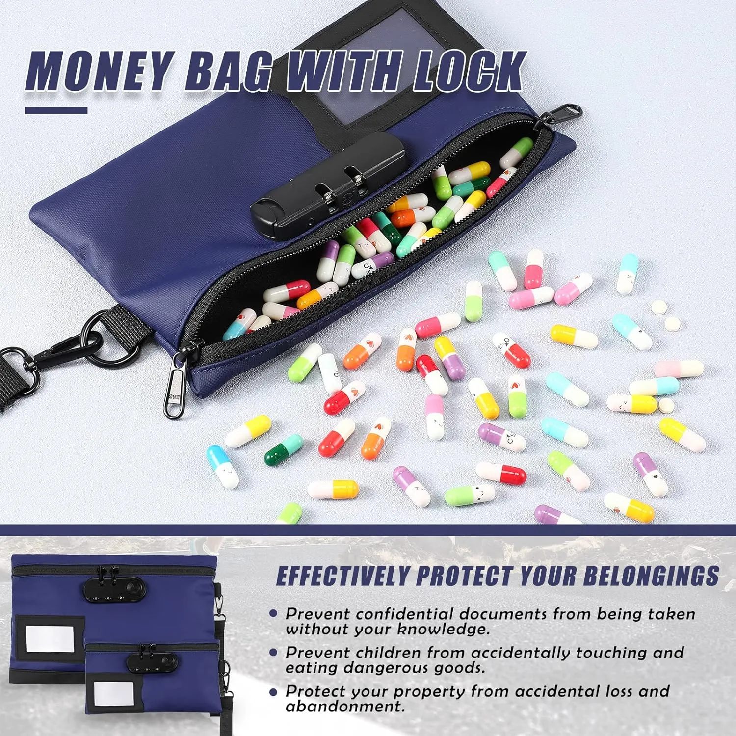 Leifide 2 Pack locked money bag cash Pouch lock bag with combination Storage Pouch for Bank Deposits Credit Cards Notary Supplies, 11.8 x 7.9 Inch and 9 x 5.1 Inch(Dark Blue)