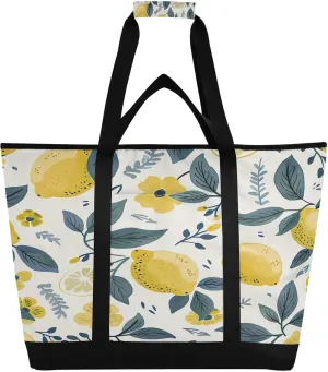 Lemon Flowers Reusable Insulated Lunchbox Cooler Bag, Leakproof Kitchen Grocery Bag Collapsible Portable Cooler Tote Bag for Picnic, Camping, Office, Travel